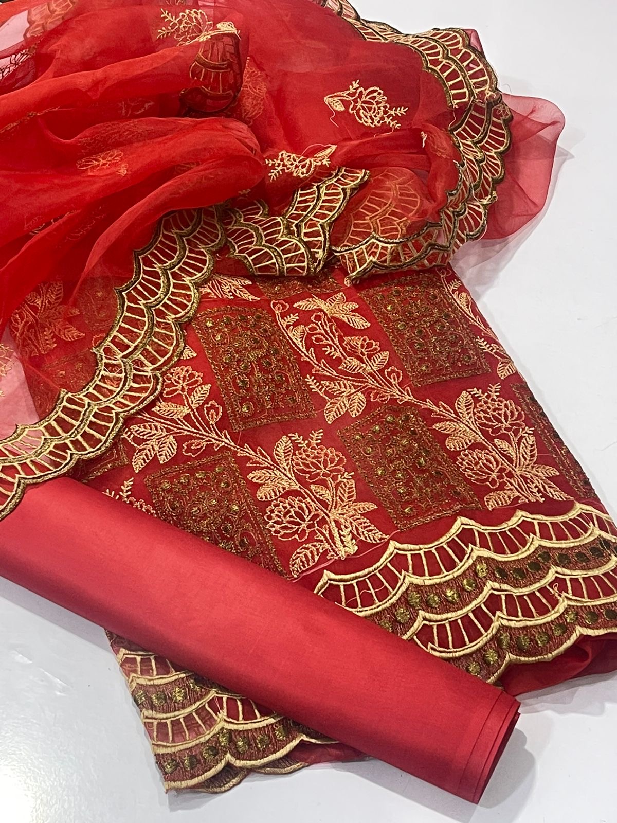 Hot Red Organza Embroidered 3Pc Dress