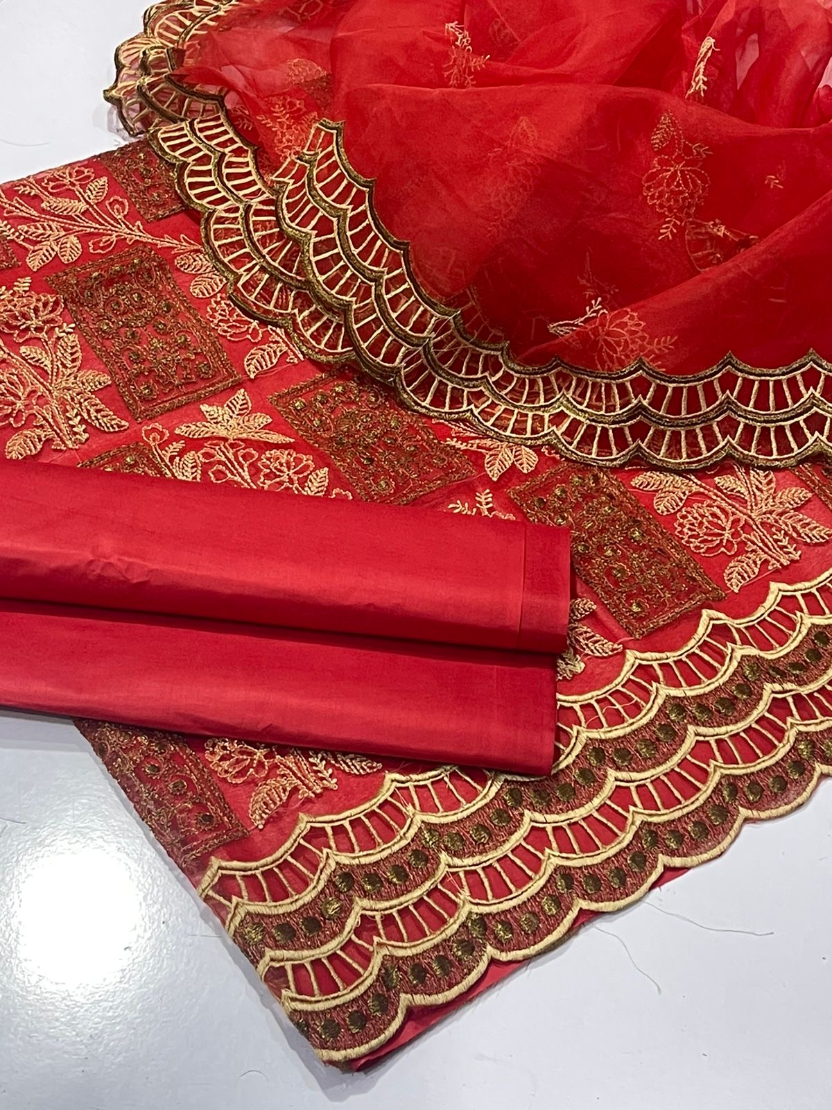 Hot Red Organza Embroidered 3Pc Dress