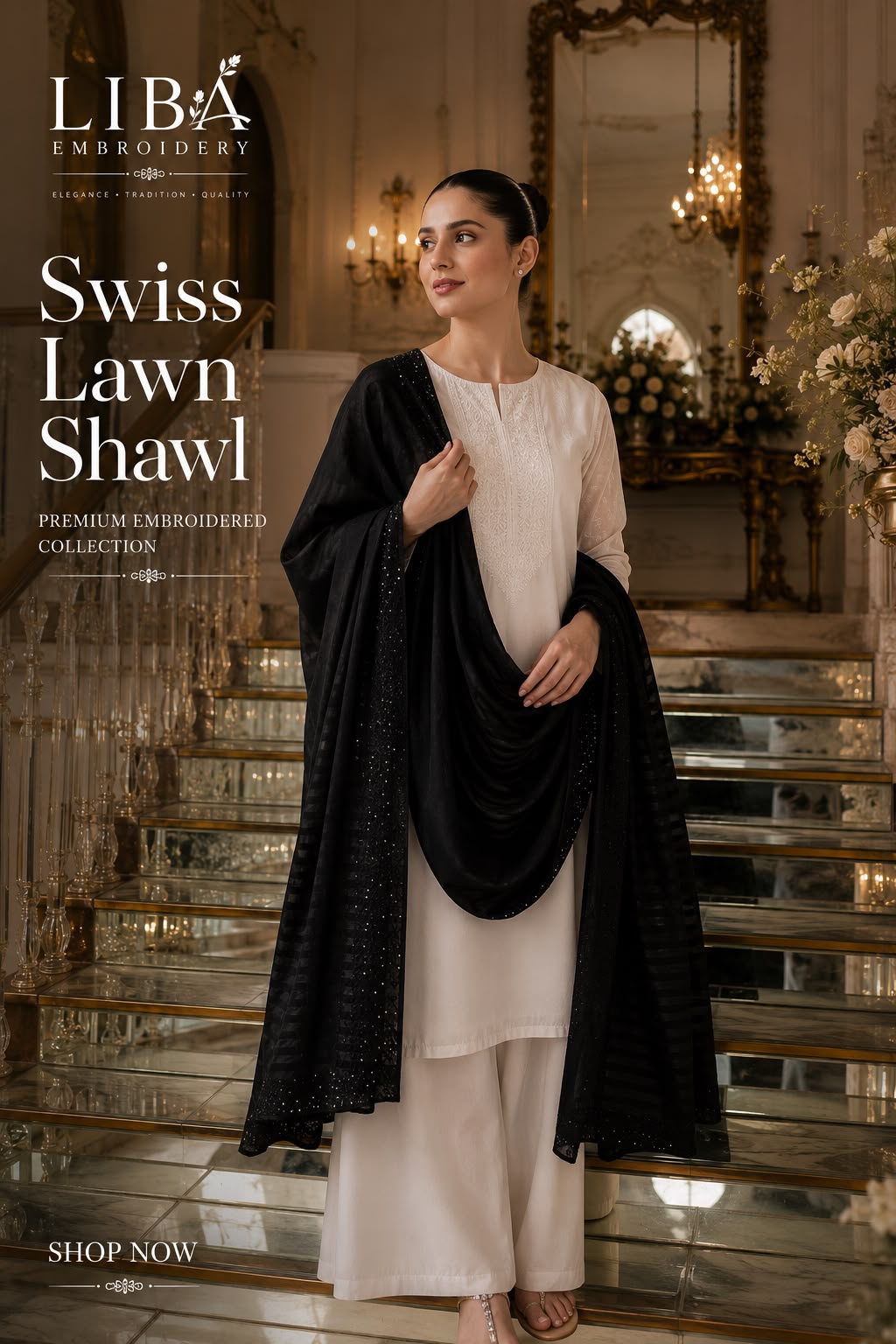 SWISS Fabric Stones Work Shawl - 2.5 Yards | Embellished Formal Shawl