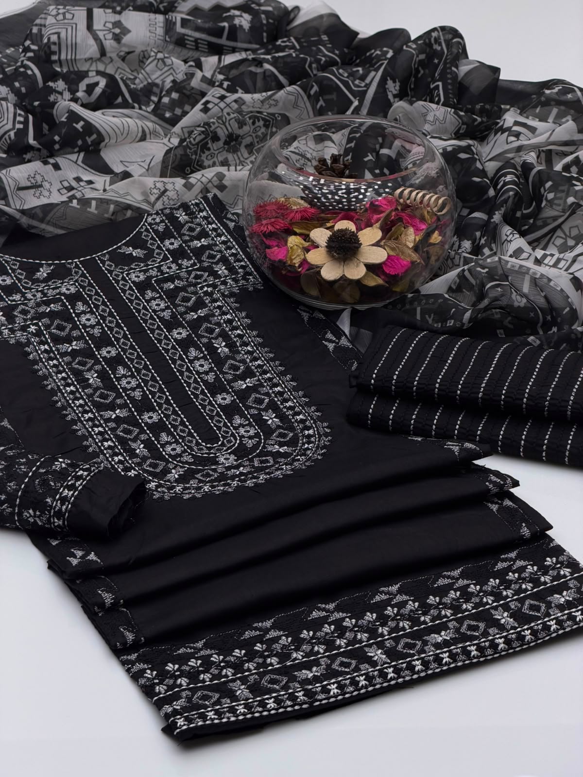 Soft Cotton Embroidered 3-Piece Suit with Chiffon Digital Print Dupatta