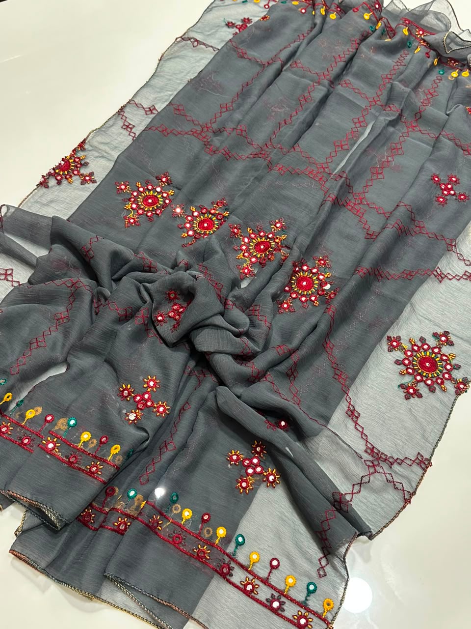 Chiffon Fabric Balochi Design Embroidered Shawl
