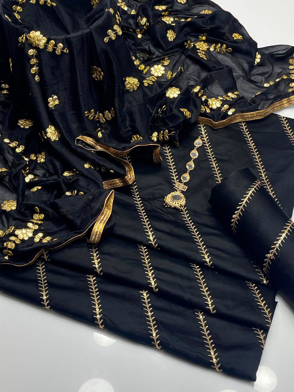 Shamoz Silk ZigZag Style Tilla Work Embroidered 3-Piece Suit