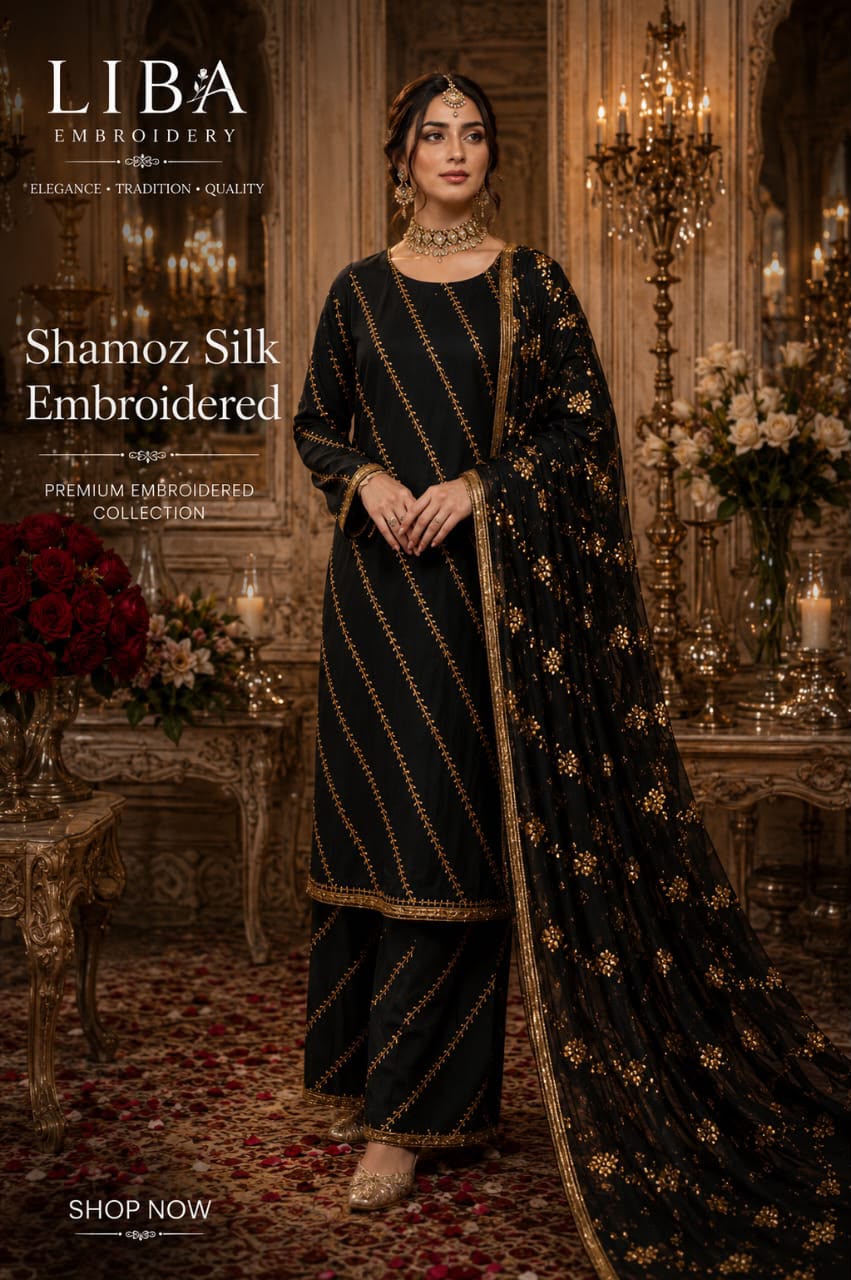 Shamoz Silk ZigZag Style Tilla Work Embroidered 3-Piece Suit