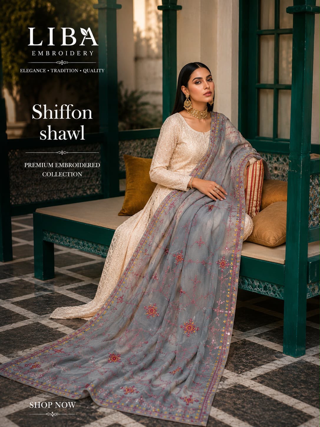Chiffon Fabric Balochi Design Embroidered Shawl