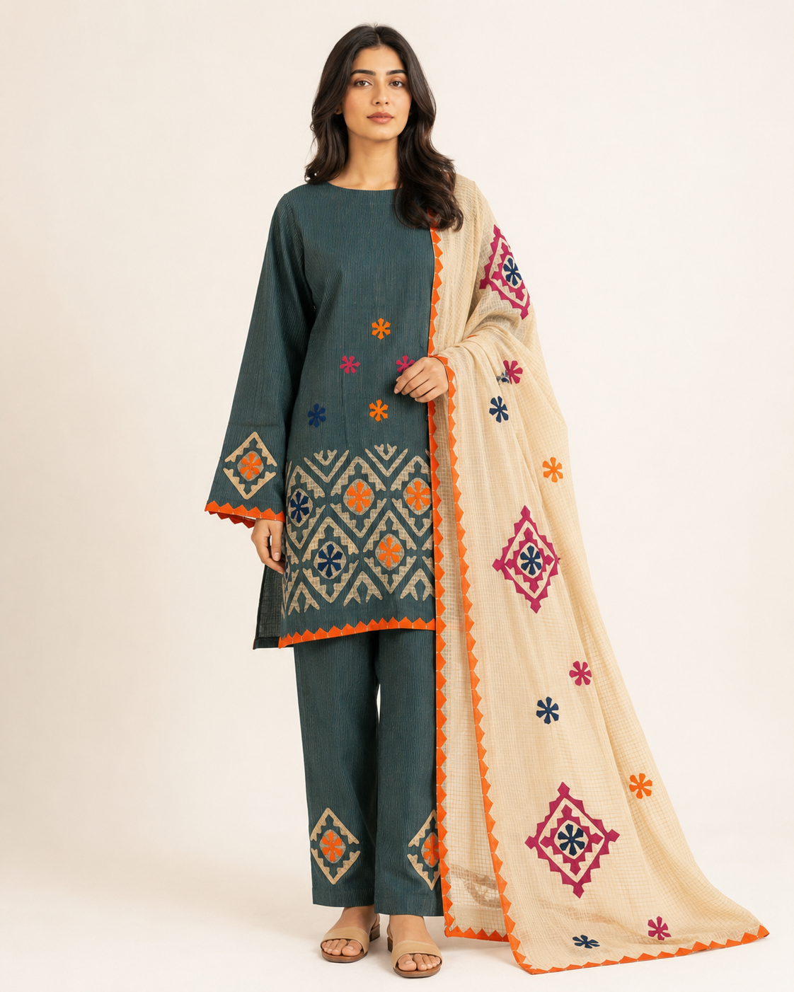 Handmade Applique Embroidery – Cotton Khaadi 3Pc Dress