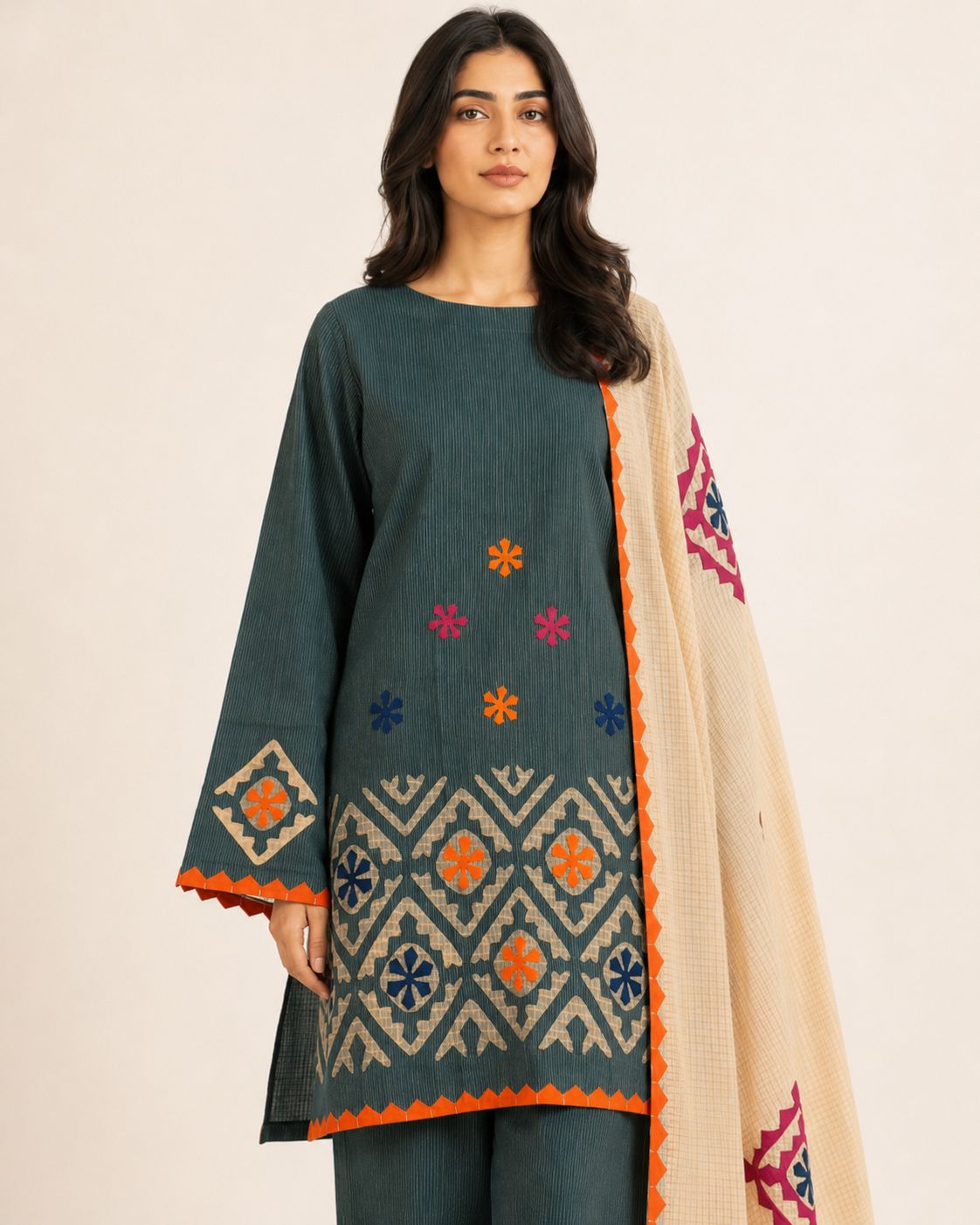 Handmade Applique Embroidery – Cotton Khaadi 3Pc Dress